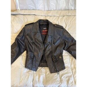 Hot Leathers Studded Black Motorcycle Jacket Zip Out Lining Harley patch Size XL